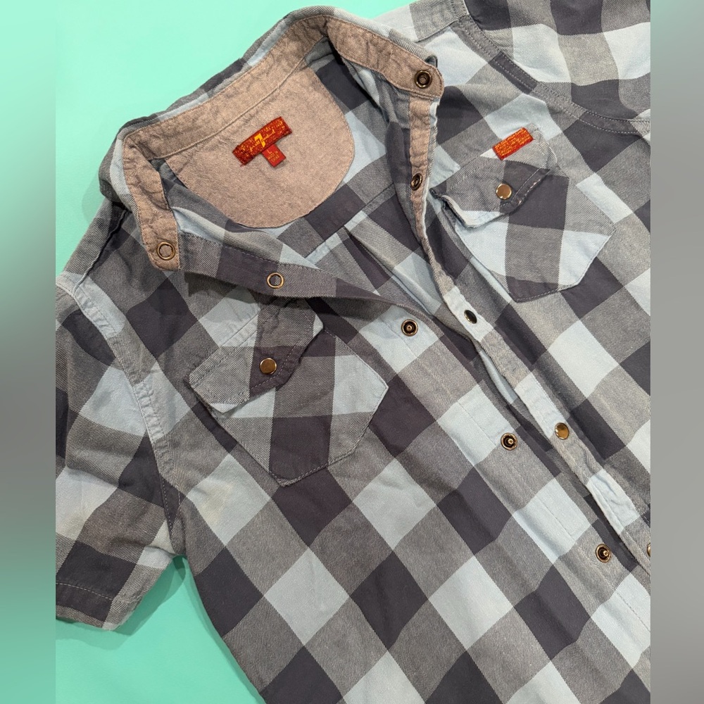 Preowned 7 For All Mankind Boys Buffalo Plaid Short Sleeve ButtonUp Shirt Size L